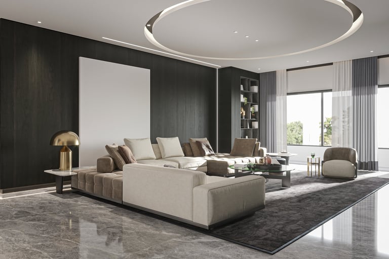 Contemporary Living Room with curved sofa, marble table, and city view