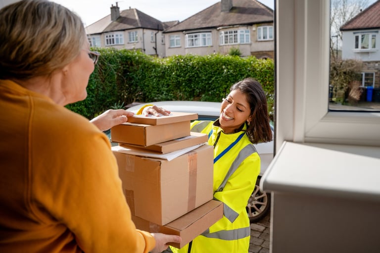 A delivery worker brings multiple packages to a woman at her house