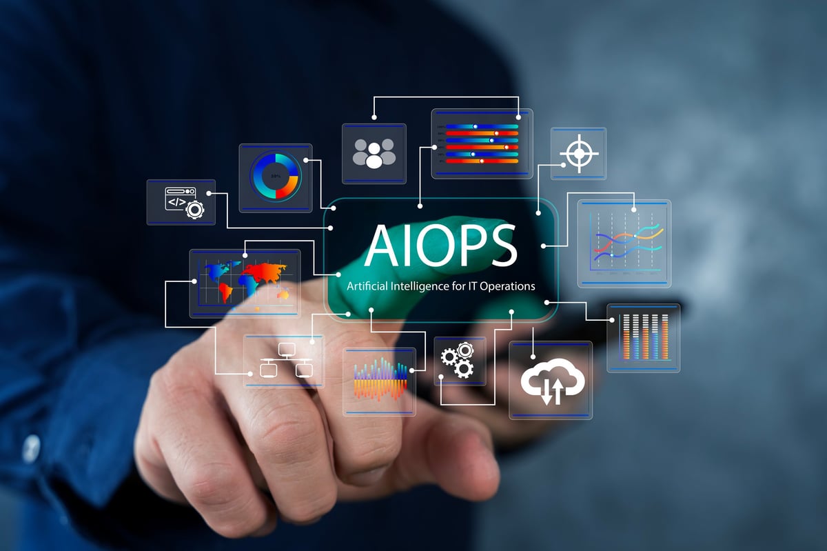 Business hand selecting an AIOps interface with connected dashboards, showing AI-driven IT operations, cloud monitoring, automation, observability, and smart incident management.