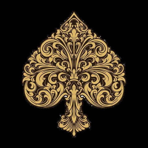 Gold ornate spade suit symbol with intricate baroque filigree scrollwork design
