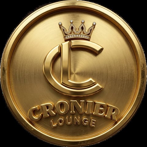 Gold circular medallion with capital C letter, crown symbol, and Cronier Lounge text embossed on brushed gold surface