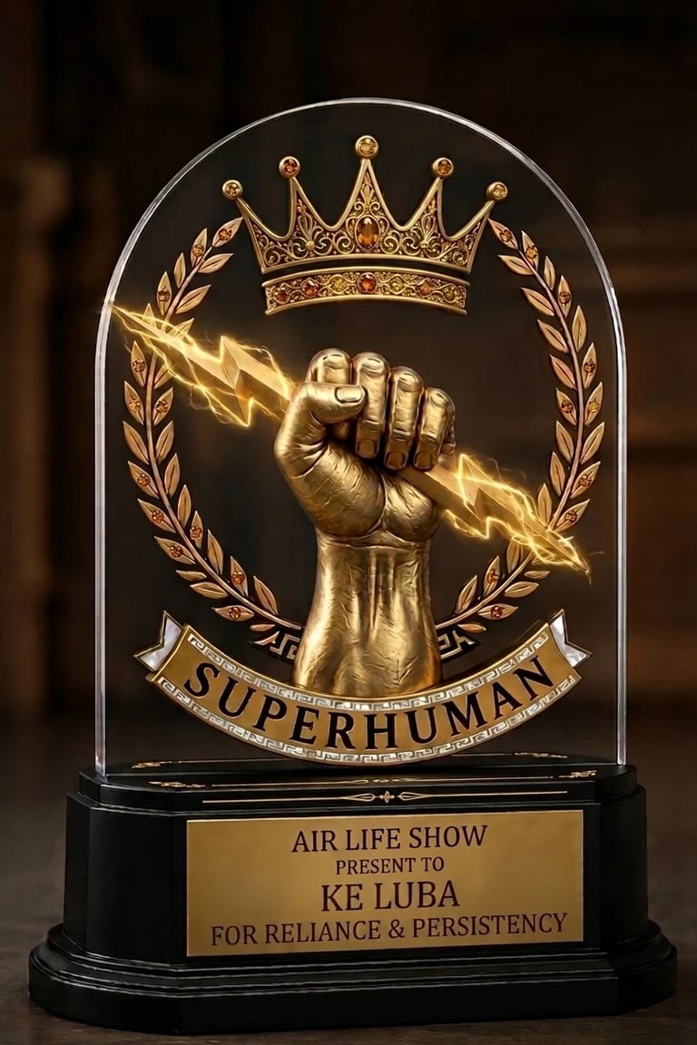 Gold Superhuman award statue with crown, fist gripping lightning bolt, laurel wreath