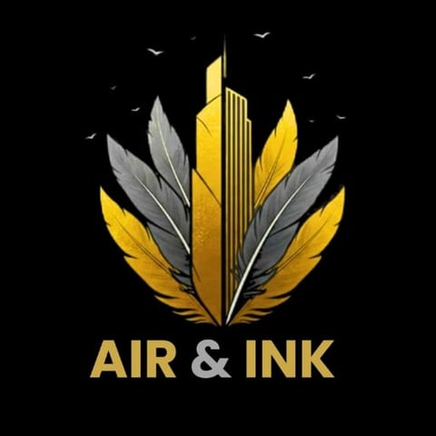 Logo for Air and Ink featuring gold and silver feathers radiating from a central pen nib on black background