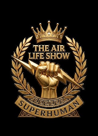 Gold emblem for The Air Life Show Superhuman featuring a crown, fist holding a lightning bolt, and laurel wreath on black background